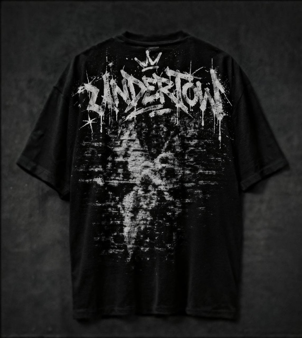 Black UNDER TOW T-shirt with silver-tone graphic print