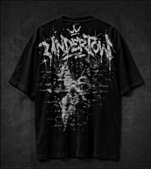 Black UNDER TOW T-shirt with silver-tone graphic print